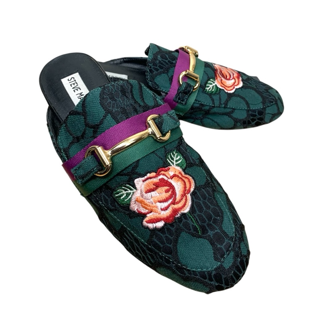 Steve Madden Green Floral Embroidered Mules Sz 7 Slides Loafers Classic Preppy
